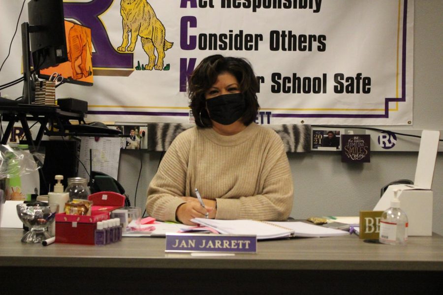 Jan Jarrett sits at her desk at the parent center at Ridgeview high school.