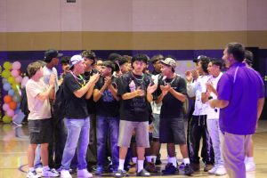 Baseball celebrates their state championship win at the welcome back rally.